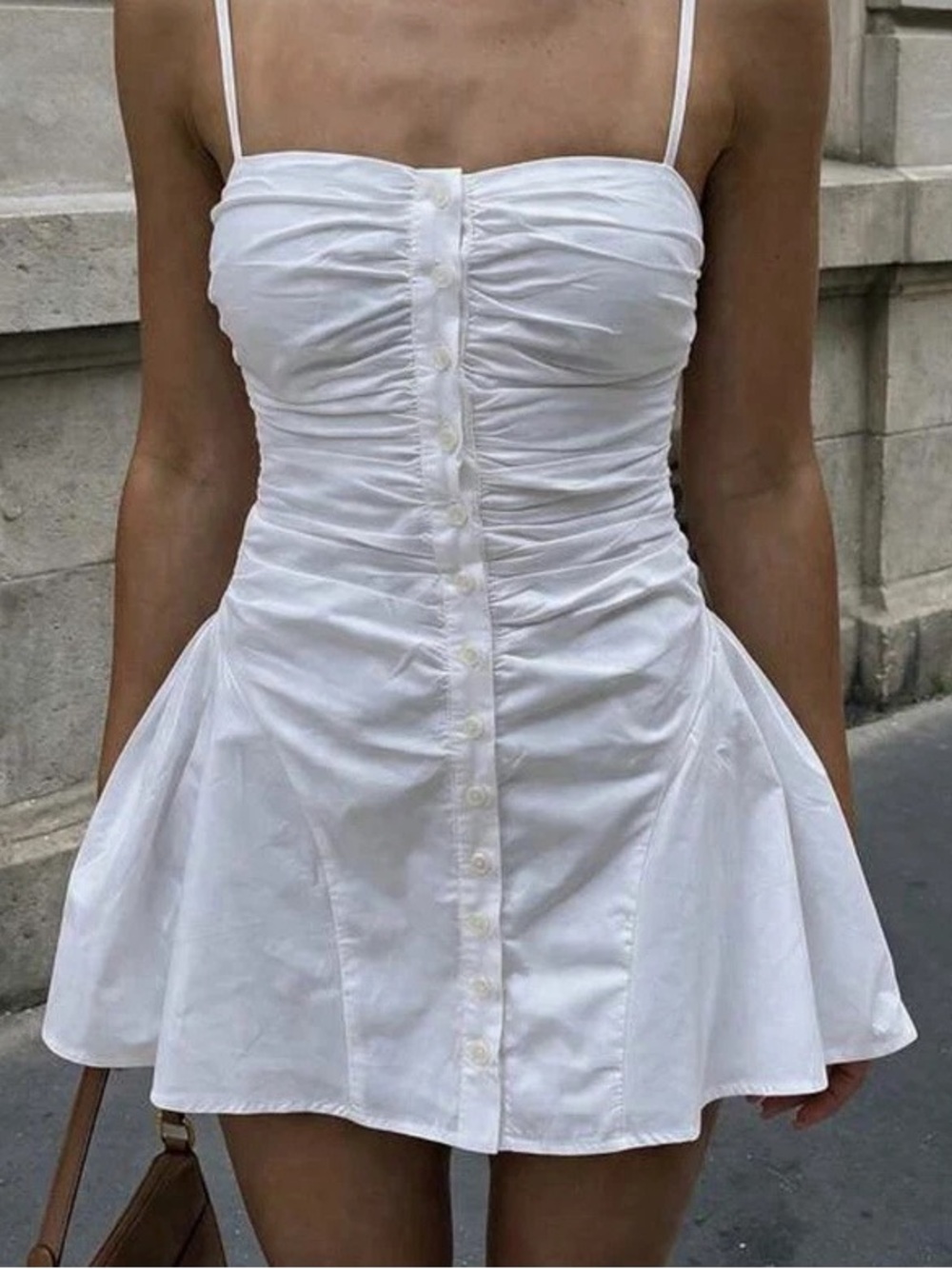wild fable White Ruched Button Front Spaghetti-Strap Mini Dress